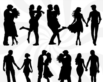 Può includere: Un set di dieci immagini di silhouette in bianco e nero di coppie in varie pose. Le immagini sono perfette per l'uso in progetti di design digitale, come inviti, biglietti e grafica per i social media.
