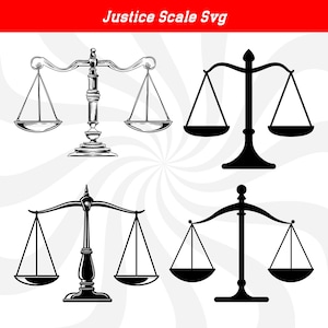 May include: Four black and white illustrations of a justice scale. The scales are in different styles, with some having a more ornate design than others. The scales are a symbol of justice and fairness.