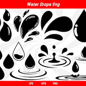 May include: A set of black and white water drop illustrations. The drops are shown in various positions, including falling, splashing, and forming ripples. The illustrations are perfect for use in digital designs, crafts, and other creative projects.
