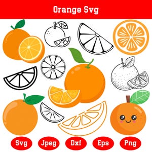 Puede incluir: Ilustraciones de naranjas en varios estilos: enteras, en rodajas y en gajos, algunas a color y otras en blanco y negro. La imagen incluye el texto "Orange Svg" y etiquetas de tipo de archivo: "Svg", "Jpeg", "Dxf", "Eps" y "Png".