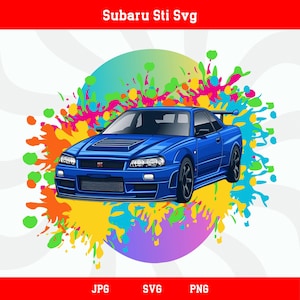 May include: A blue Subaru STI car with a colorful paint splatter background. The car has a black front bumper and black wheels.