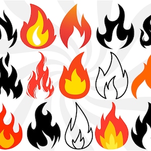 Puede incluir: Un conjunto de 12 iconos de llamas en varios estilos. Las llamas son de color negro, blanco, rojo, naranja y amarillo. Las llamas tienen diferentes formas y tamaños.