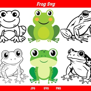 May include: Six different illustrations of frogs in various poses. Three are black and white outlines, and three are colored green with black outlines. The frogs have large eyes and are smiling.