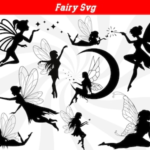 Puede incluir: Un conjunto de ocho archivos SVG de hadas en silueta negra. Cada hada tiene alas, un vestido fluido y está en una pose diferente. Algunas hadas sostienen varitas, mientras que otras vuelan o están sentadas en una luna creciente.