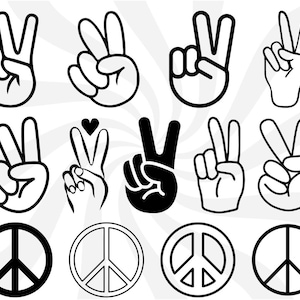 May include: A set of ten black and white peace sign illustrations. The illustrations include peace signs with a variety of designs, including a heart, a flower, and a star. The illustrations are perfect for use in crafts, scrapbooking, and other creative projects.