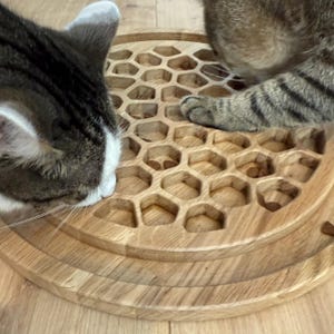 May include: A wooden cat toy with a honeycomb design. The toy is made of light-colored wood and features a series of hexagonal cutouts. A tabby cat is interacting with the toy. The cat's head and paws are visible.