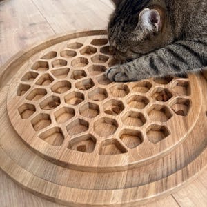 May include: A wooden cat puzzle feeder with a honeycomb design. The feeder is made of light-colored wood and has a circular shape with a raised edge. A tabby cat is interacting with the puzzle, pawing at the openings.