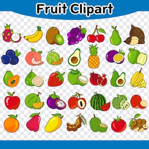 Fruitclipart, fruitpictogram, element om af te drukken, kaart, sticker, artwork, notitie of presentatie in png-bestand. Appel, druif, sinaasappel, kiwi