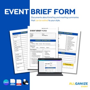 Op de afbeelding: Een blauwe en witte sjabloon voor een event-briefingformulier met de titel "Event Brief Form" en de tekst "Documenten over briefing- en vergaderingsverslagen die naar wens kunnen worden aangepast." Het formulier bevat secties voor projectnaam, doelstelling, locatie, datum, tijd, opbouw/afbraak, locatie, groot idee, concept, kernboodschap, thema, stemming en toon, werkomvang, overig, briefingdatum, project, budget, plaats, klant, merkbureau, status, klant van, eventsegment, team en voorsteldatum.