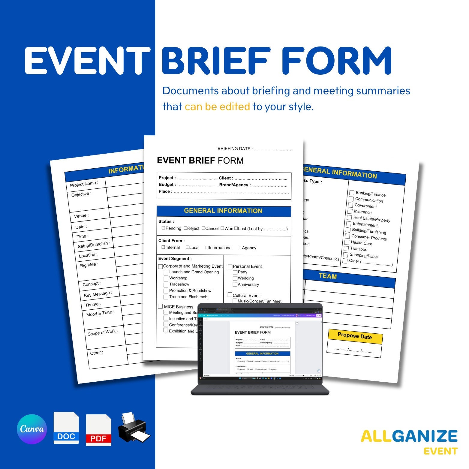 Event Brief Form Template, Editable Meeting Summary (digital 