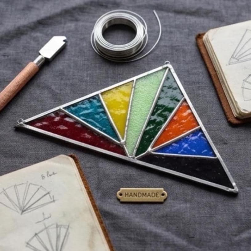 Handmade Rainbow Set of 2 Stained Glass Triangle Corner Panels