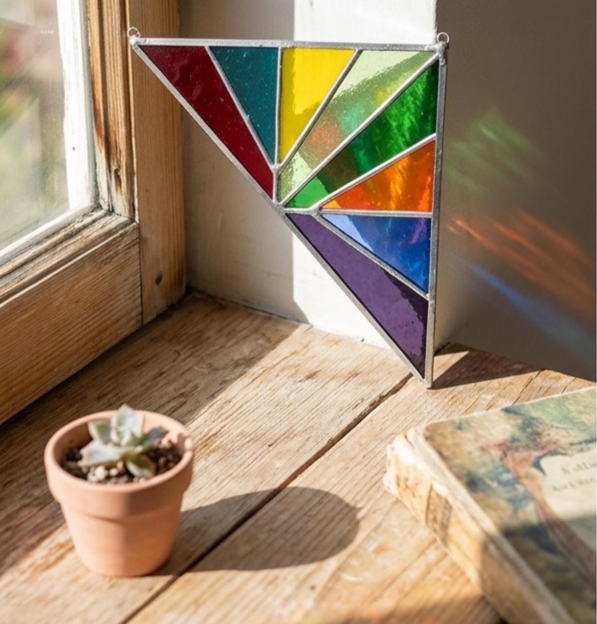 Handmade Rainbow Set of 2 Stained Glass Triangle Corner Panels