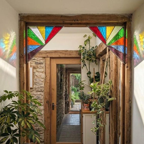 Set of 2 Rainbow Stained Glass Triangle Corners, Geometric Window Suncatcher, Door Frame Decor