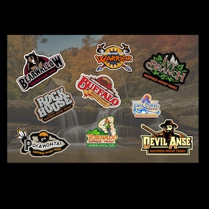 May include: A collection of colorful stickers featuring various designs and text. The stickers include images of a bear, a warrior, a mountain, a tornado, and other outdoor-themed graphics. Each sticker has the text "Hatfield-McCoy Trails".