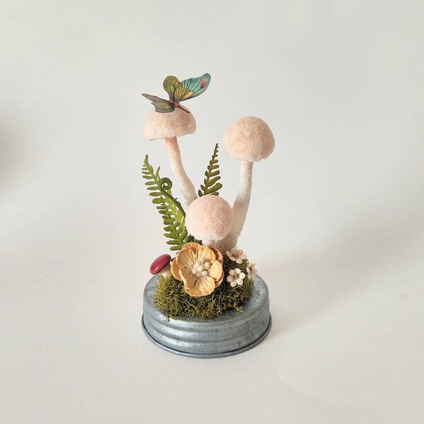 Tan Spun Cotton Mushroom Scape on Mason Jar Lid, Botanical Jar Topper, Cottage core, gift for gardener