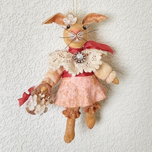Spun Cotton Easter Rabbit ornament, vintage style spun cotton figure, art doll,Easter handmade gift