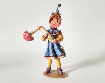 Mushroom Elf Art Doll, Spun Cotton Mache, Fantasy, Vintage Styled Figure