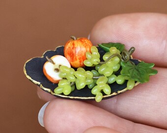 Miniature fruit plate, mini grape decor, dollhouse decor diorama, apple fruit scale 1:12, dollhouse kitchen accessories, doll food