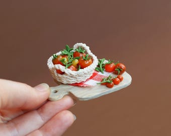 Miniature basket of tomatoes, mini kitchen board, miniature dollhouse decor, scale 1:12