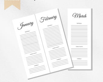 Perpetual Calendar Minimalist Printable | Events Tracker for Birthdays, Anniversaries, and Holidays | Instant Download PDF