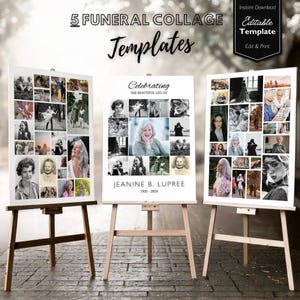 May include: Five funeral collage templates with a white background and black text. The templates feature a grid of 25 photo spaces. The text on the template reads "Celebrating the Beautiful Life of" and "Jeanine B. Lupree 1931-2024".