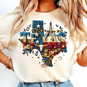 Retro Texas Map PNG: Flag, Cowboy, Oil Rig Design (Digital Download)