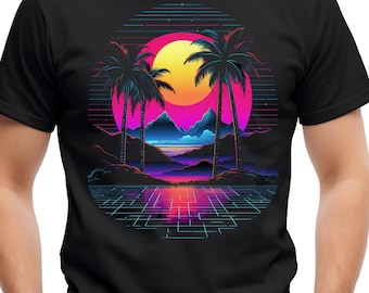 Tramonto sulla palma in stile retrò Vaporwave PNG: arte sulla spiaggia tropicale (stampa digitale)