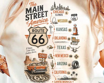 Design per maglietta con mappa della Route 66, Main Street of America PNG, Autostrada retrò degli 8 stati per sublimazione, Viaggio in auto vintage DTF, Download digitale della Route 66