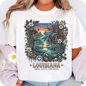 May include: White t-shirt featuring a colorful graphic of Louisiana's outline with a bayou scene, a lighthouse, and the text "LOUISIANA". The design includes a pelican, alligator, and floral elements, with the words "UNION, JUSTICE, CONFIDENCE".