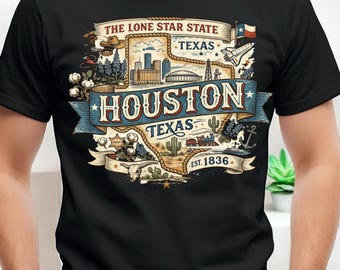 Houston Texas Vintage T-Shirt Design, Lone Star State Retro Graphic, Western Cowboy Style Houston Texas Shirt, USA Travel Souvenir Gift