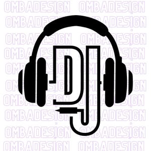 Puede incluir: Ilustración en blanco y negro de unos auriculares de DJ con las letras DJ en el centro. Los auriculares están estilizados para parecerse a unos auriculares con un micrófono.