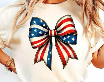 Retro American Flag Bow PNG, Patriotic Coquette Bow Sublimation, 4th of July Shirt Design, Vintage USA Flag Clipart, Red White Blue Graphics