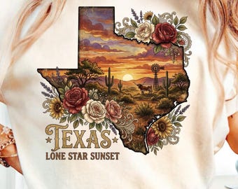 Texas Lone Star PNG, Sunset Texas State, Floral Texas Design, Western Desert Sublimation, Longhorn DTF Transfer, Texas Flower Shirt Design