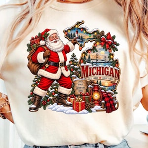 Michigan Kerst PNG | Santa Michigan Winter Design | Grote Meren Vakantie | Retro Michigan Cadeau | Vintage Kerst | DTF