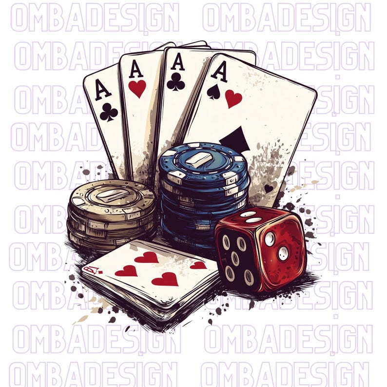 Puede incluir: Primer plano de un juego de cartas, fichas de p&oacute;quer y un dado rojo. Las cartas est&aacute;n boca arriba y muestran el as de picas, el as de corazones y el as de tr&eacute;boles. Las fichas de p&oacute;quer est&aacute;n apiladas en una pila y son azules y blancas. El dado es rojo y tiene puntos blancos.