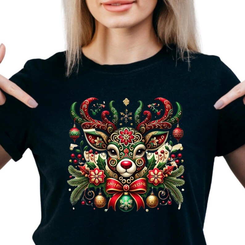 Festive Christmas Reindeer With Ornate Redgreen Antlers, Gold
