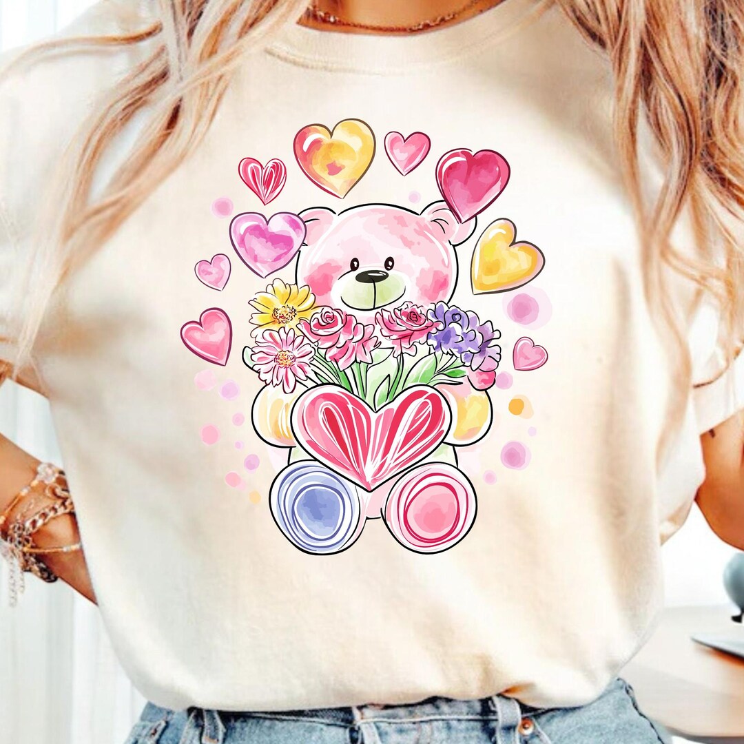 Cute Valentine Shirt Design, Teddy Bear With Flowers Png, Love Clipart ...