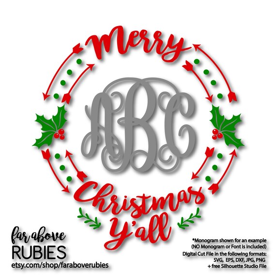 Download Free Merry Christmas Y All Monogram Wreath Monogram Not Etsy SVG DXF Cut File