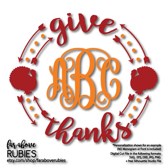 Download Give Thanks Thanksgiving Turkey Monogram Wreath monogram Not | Etsy