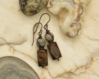 Natural Bronzite Stone Earrings, Boho Gemstone Dangle Earrings, Brown Gemstone Jewelry