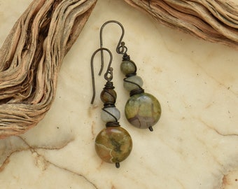 Natural Green Gemstone Earrings, Boho Dangle Stone Earrings, Rustic Gemstone Jewelry