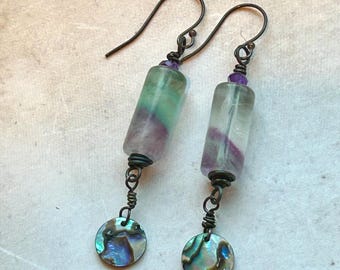 Rainbow Fluorite Abalone Earrings: Antiqued Sterling Silver Dangle
