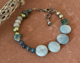 Pulsera de piedras preciosas azul-verdes, pulsera bohemia de piedra natural