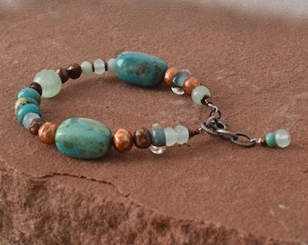 Natural Turquoise Gemstone Bracelet, Boho Stone Jewelry, Teal Asymmetrical Bracelet