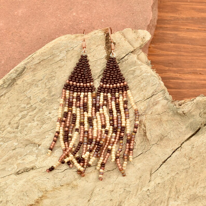 Boho Beaded Fringe Earrings Copper Brown Cream Earrings - Etsy