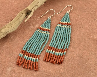 Boho Teal Fringe Earrings: Southwestern Beaded Sterling Silver Dangles