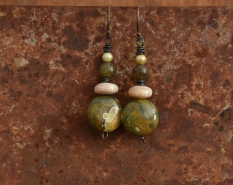 Natural Green Stone Earrings, Rhyolite Gemstone Earrings, Boho Dangle Earrings