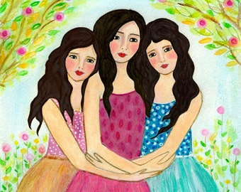 Three Sisters Art Print - Three Dark Haired Best Friends Sisters Art - Best Friend Sister Gift