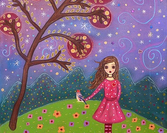 Cute Fairytale Girl with Bird Painting Art Print