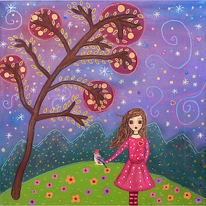 Linda chica de cuento de hadas con pintura de pájaros Lámina artística